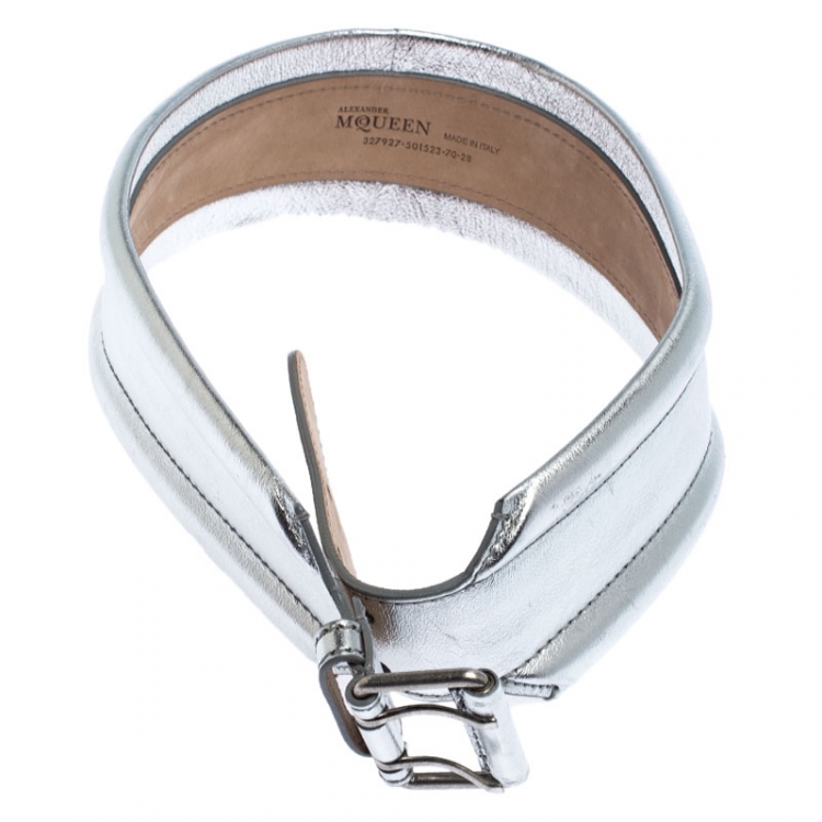 Pre Owned Alexander McQueen Silver Metallic Leather Belt 70 CM