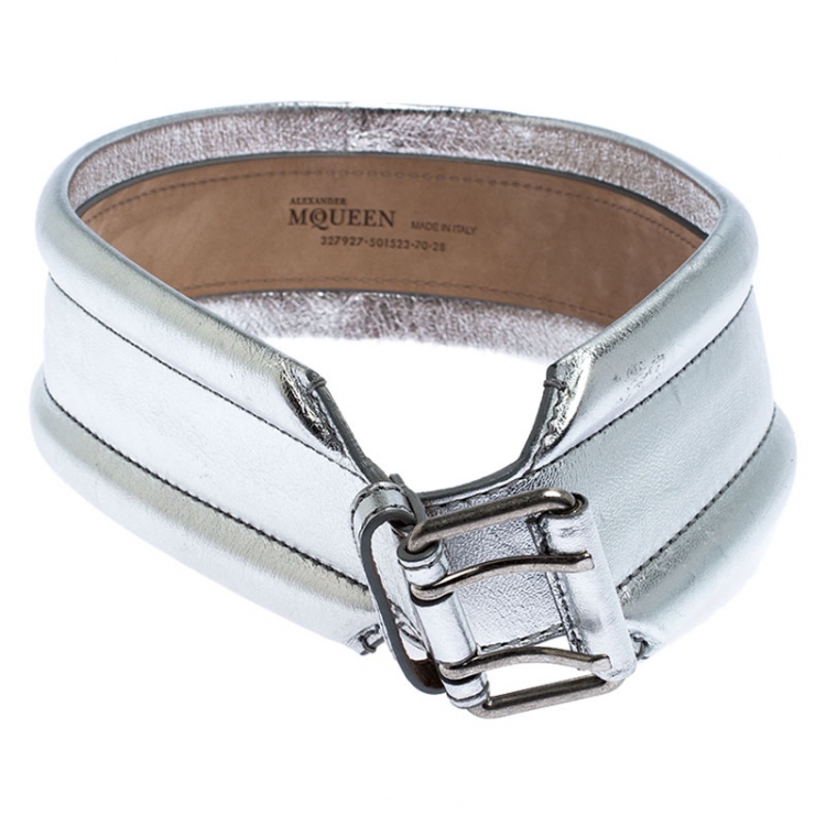 Pre Owned Alexander McQueen Silver Metallic Leather Belt 70 CM