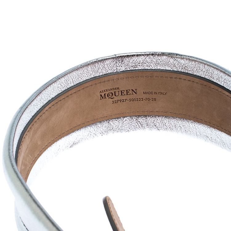 Pre Owned Alexander McQueen Silver Metallic Leather Belt 70 CM