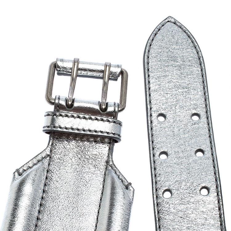 Pre Owned Alexander McQueen Silver Metallic Leather Belt 70 CM