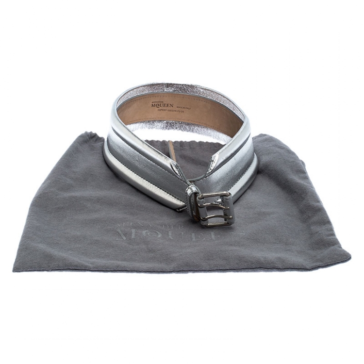 Pre Owned Alexander McQueen Silver Metallic Leather Belt 70 CM