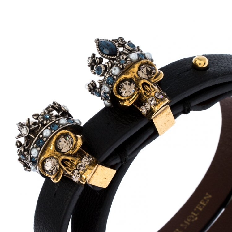 Pre Owned Alexander McQueen Black Leather King & Queen Skull Double Tour Bracelet