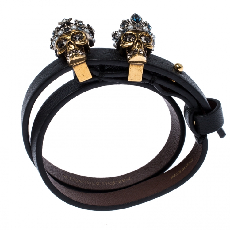 Pre Owned Alexander McQueen Black Leather King & Queen Skull Double Tour Bracelet