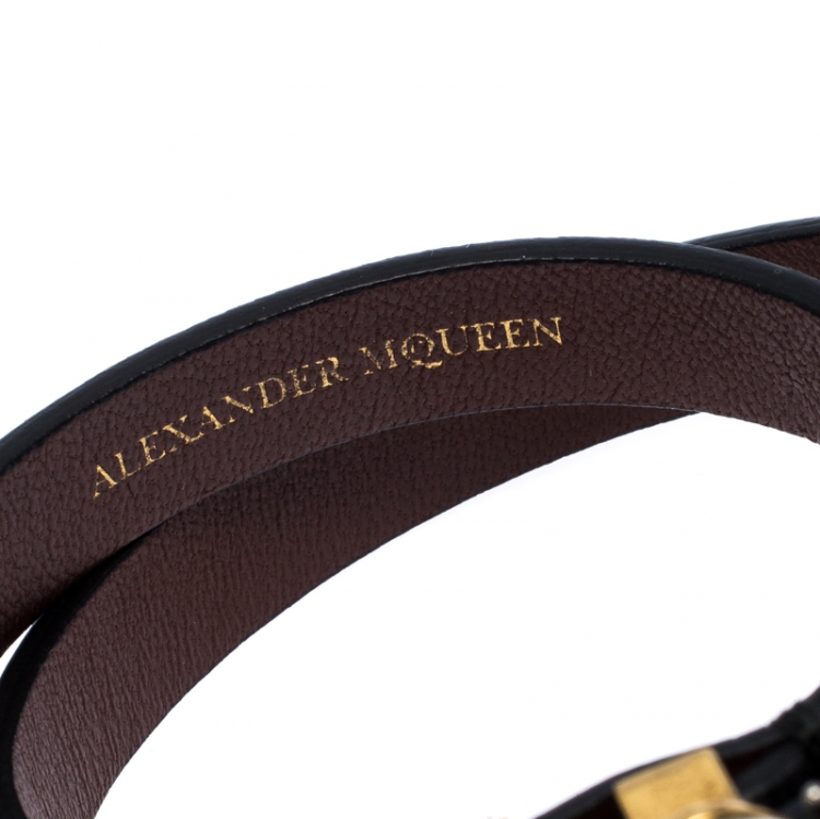 Pre Owned Alexander McQueen Black Leather King & Queen Skull Double Tour Bracelet