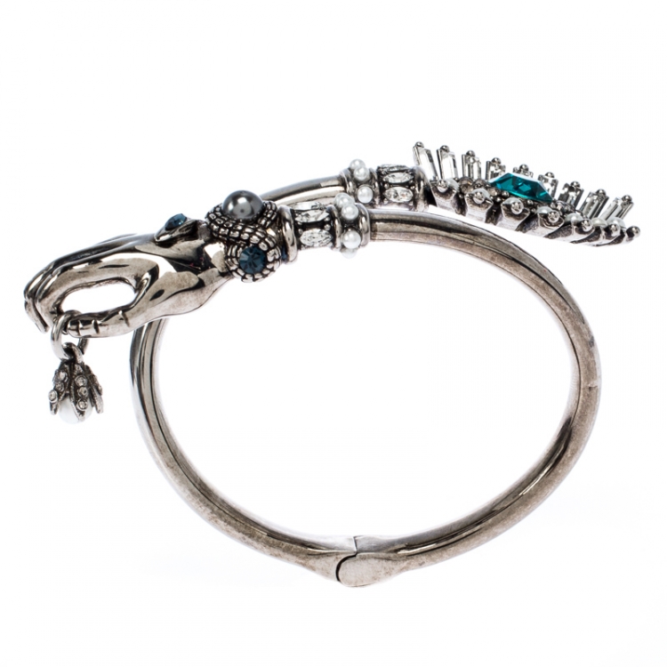 Pre Owned Alexander McQueen Jewelled Eye & Hand Wrap Silver Tone Cuff Bracelet S