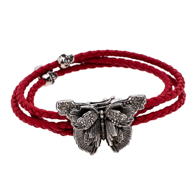 Pre Owned Alexander McQueen Red Braided Leather Crystal Butterfly Charm Layered Bracelet