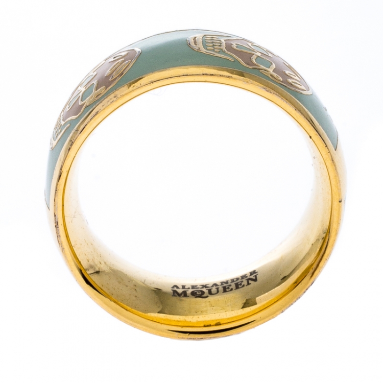 Pre Owned Alexander McQueen Skull Enamel Gold Tone Band Ring Size 55
