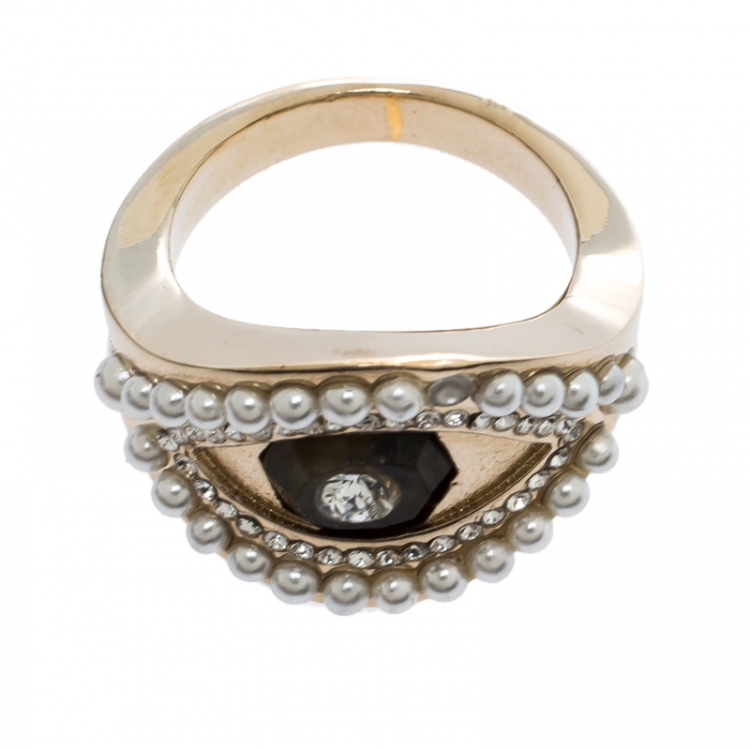Pre Owned Alexander McQueen Pale Gold Tone Pearl & Crystal Encrusted Eye Ring Size 13