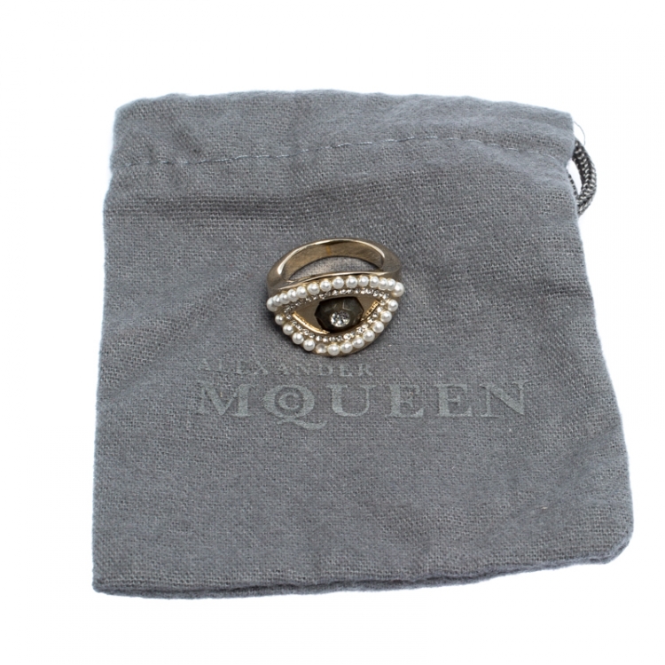 Pre Owned Alexander McQueen Pale Gold Tone Pearl & Crystal Encrusted Eye Ring Size 13