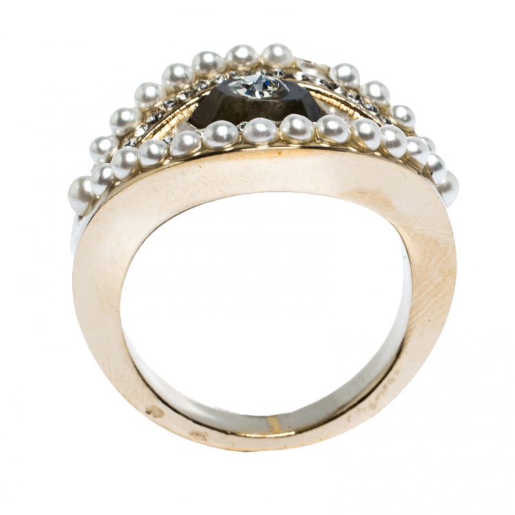 Pre Owned Alexander McQueen Pale Gold Tone Pearl & Crystal Encrusted Eye Ring Size 13