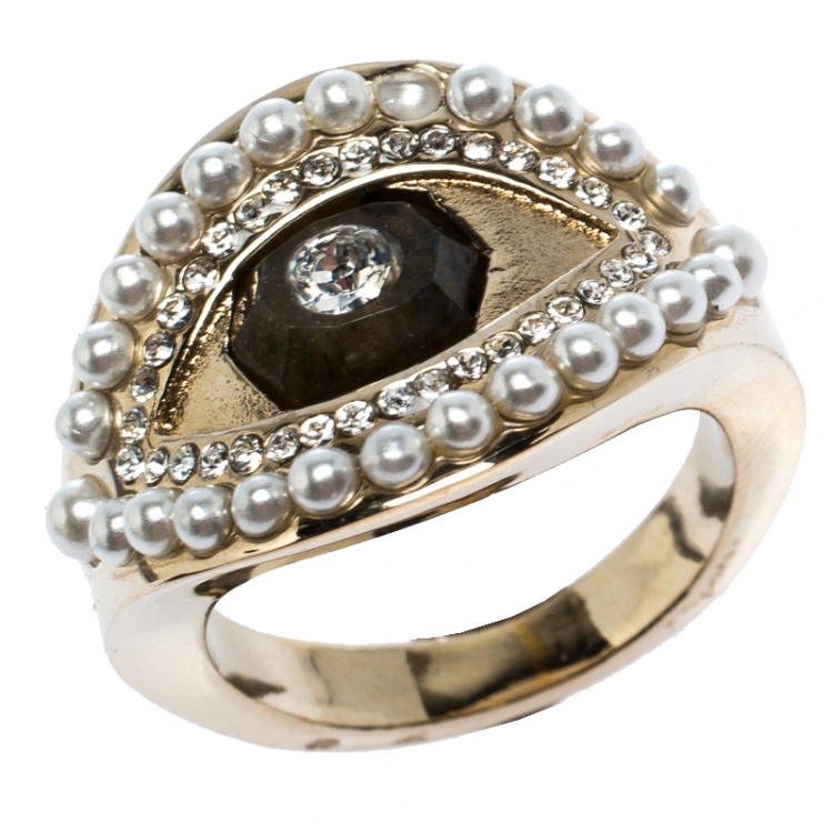 Pre Owned Alexander McQueen Pale Gold Tone Pearl & Crystal Encrusted Eye Ring Size 13