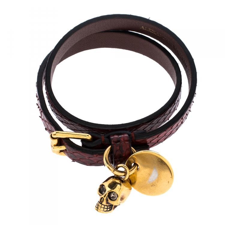 Pre Owned Alexander McQueen Snakeskin Leather Gold Tone Skull Charm Wrap Bracelet