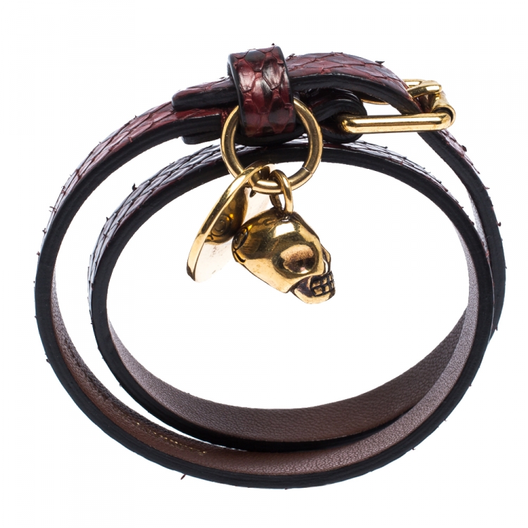 Pre Owned Alexander McQueen Snakeskin Leather Gold Tone Skull Charm Wrap Bracelet