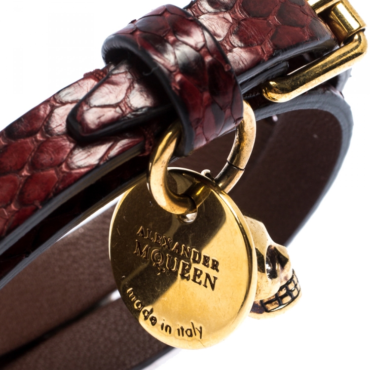 Pre Owned Alexander McQueen Snakeskin Leather Gold Tone Skull Charm Wrap Bracelet