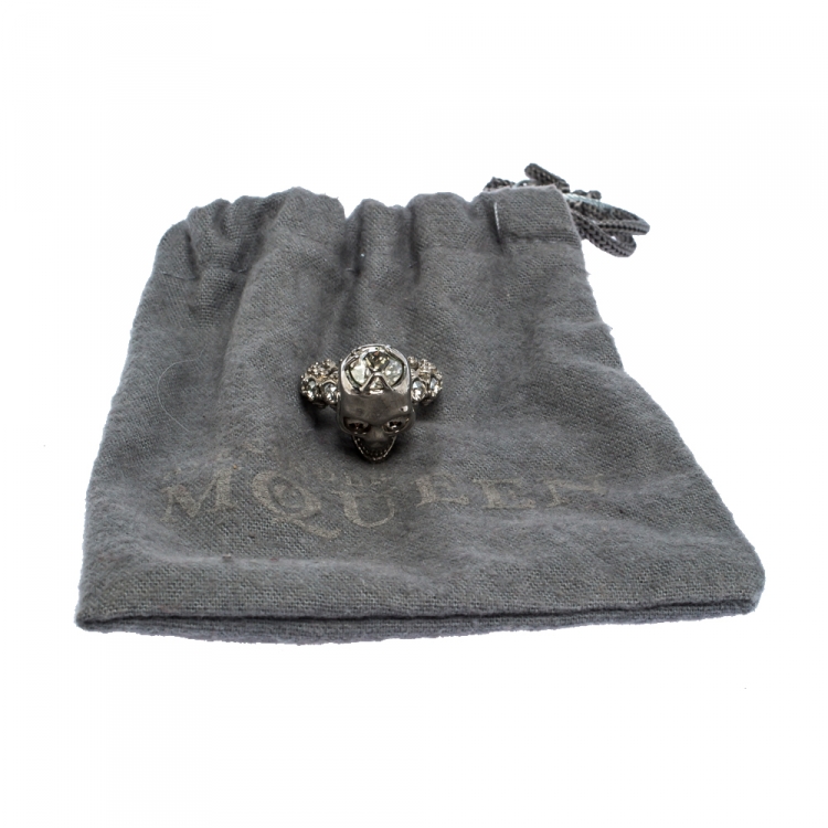 Pre Owned Alexander McQueen Skull Crystal Embedded Silver Tone Ring Size 51