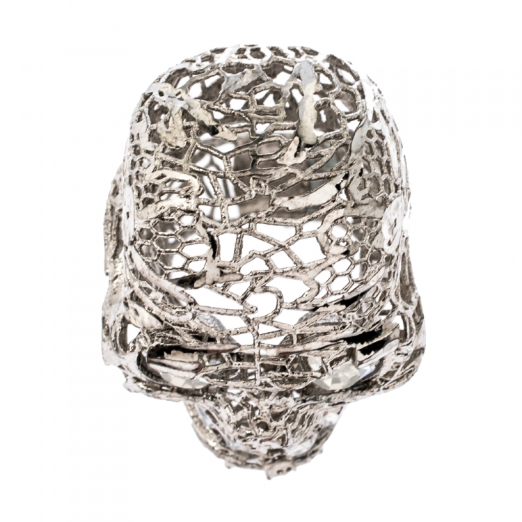 Pre Owned McQ by Alexander McQueen Crystal and Silver Plated Filigree Skull Ring EU 52.5