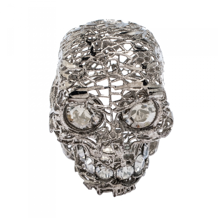 Pre Owned McQ by Alexander McQueen Crystal and Silver Plated Filigree Skull Ring EU 52.5