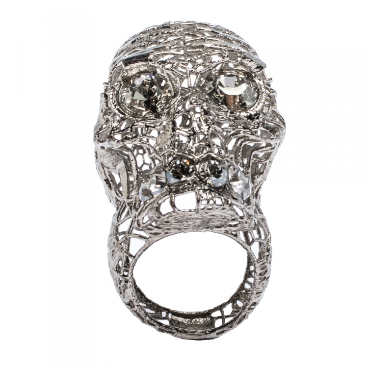 Pre Owned McQ by Alexander McQueen Crystal and Silver Plated Filigree Skull Ring EU 52.5