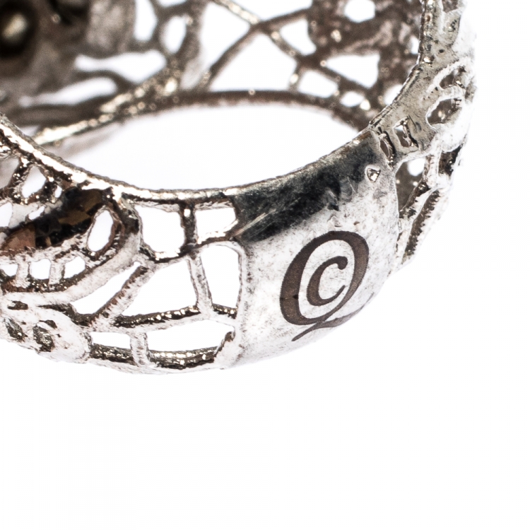 Pre Owned McQ by Alexander McQueen Crystal and Silver Plated Filigree Skull Ring EU 52.5