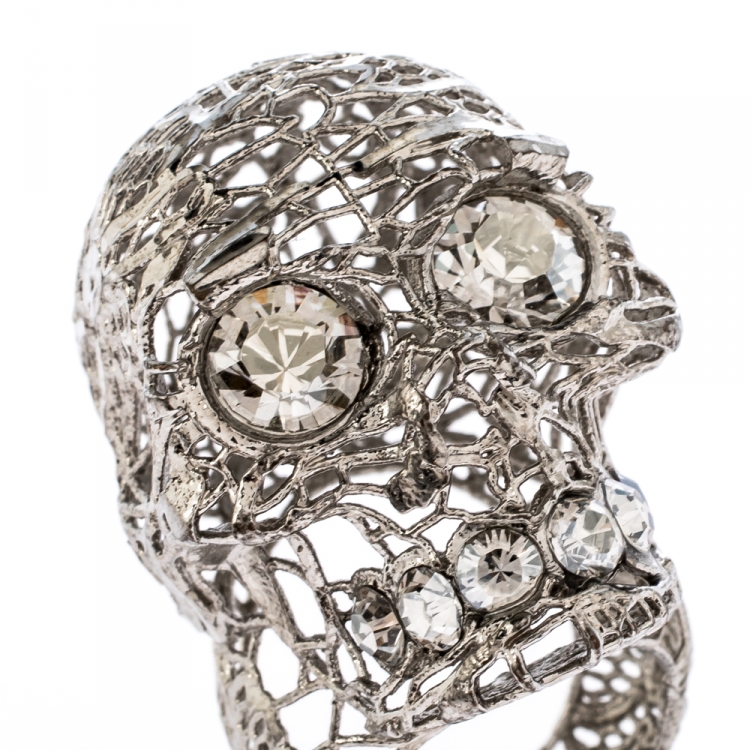 Pre Owned McQ by Alexander McQueen Crystal and Silver Plated Filigree Skull Ring EU 52.5