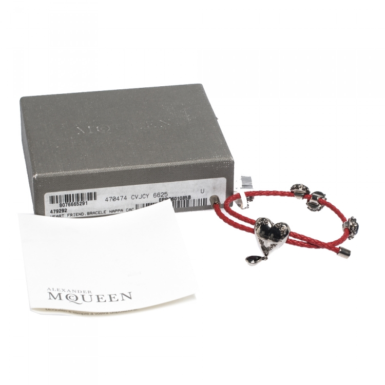 Pre Owned Alexander McQueen Heart Charm Friendship Crystal Red Braided Leather Adjustable Bracelet