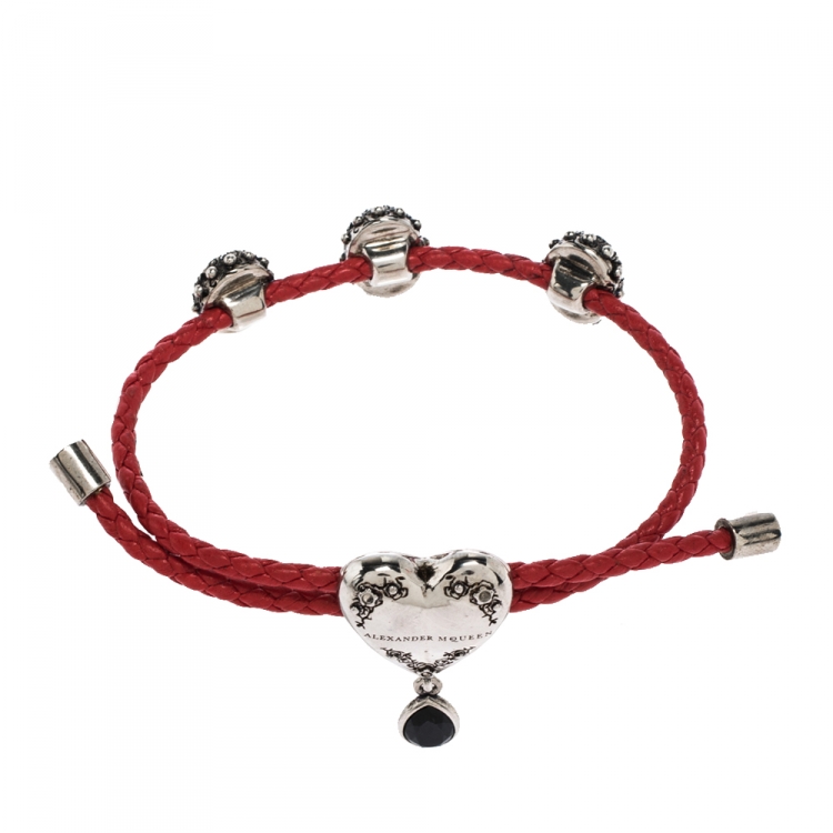 Pre Owned Alexander McQueen Heart Charm Friendship Crystal Red Braided Leather Adjustable Bracelet