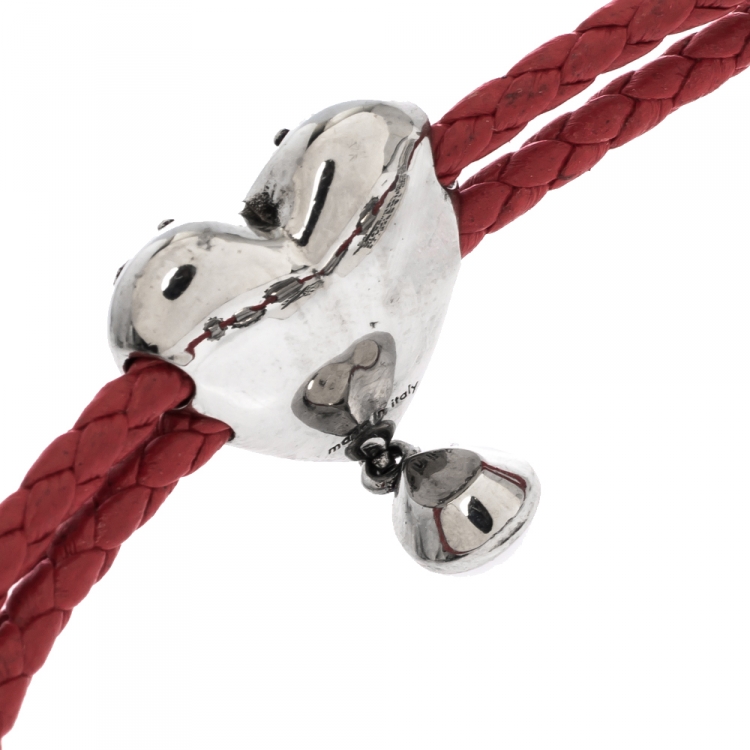Pre Owned Alexander McQueen Heart Charm Friendship Crystal Red Braided Leather Adjustable Bracelet