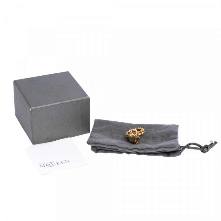 Pre Owned Alexander McQueen Skull Crystal Embedded Gold Tone Ring Size 51
