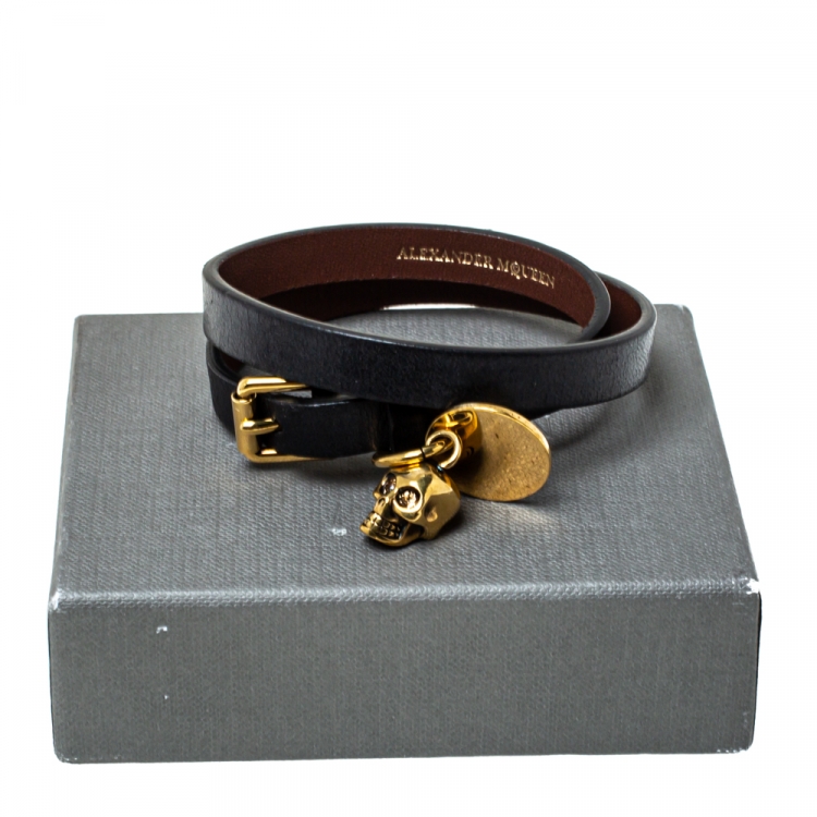 Pre Owned Alexander McQueen Black Leather Skull Charm Double Wrap Bracelet