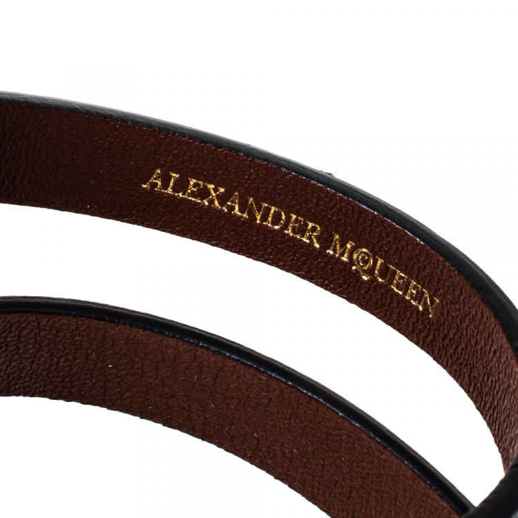 Pre Owned Alexander McQueen Black Leather Skull Charm Double Wrap Bracelet