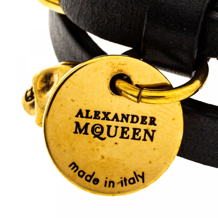 Pre Owned Alexander McQueen Black Leather Skull Charm Double Wrap Bracelet
