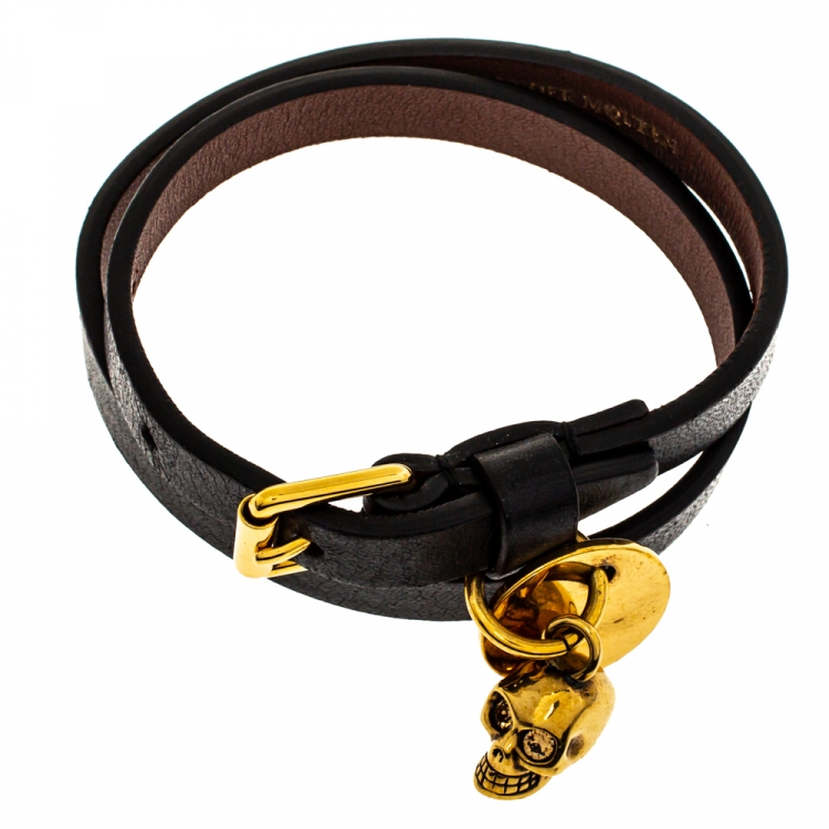 Pre Owned Alexander McQueen Black Leather Skull Charm Double Wrap Bracelet