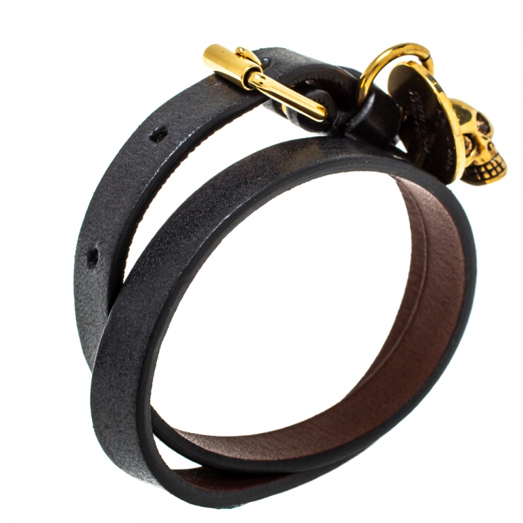 Pre Owned Alexander McQueen Black Leather Skull Charm Double Wrap Bracelet