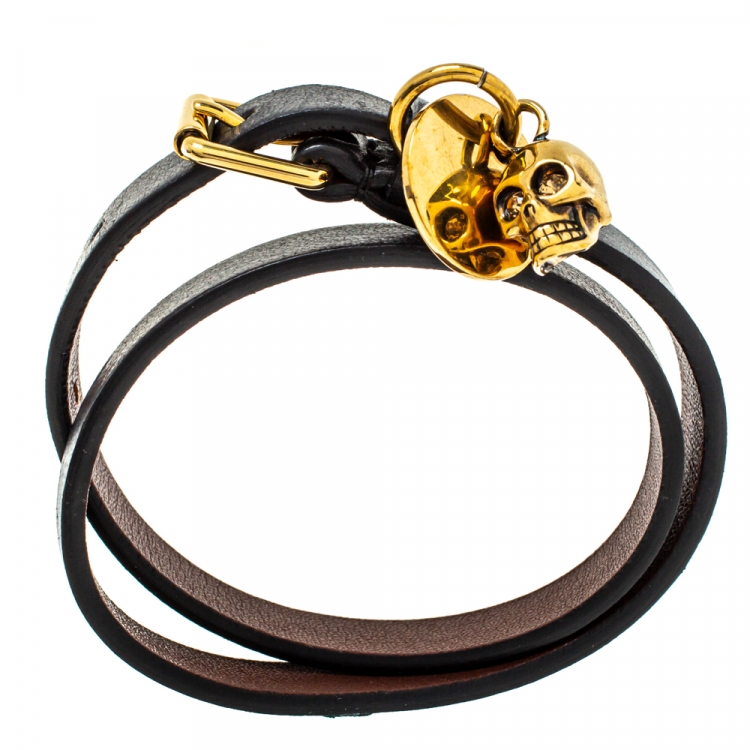Pre Owned Alexander McQueen Black Leather Skull Charm Double Wrap Bracelet