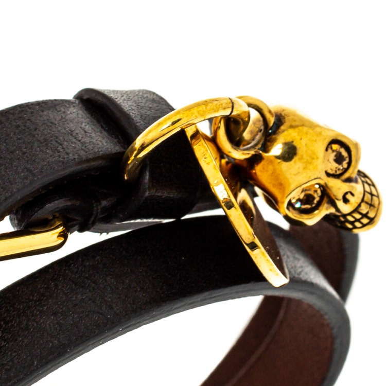 Pre Owned Alexander McQueen Black Leather Skull Charm Double Wrap Bracelet
