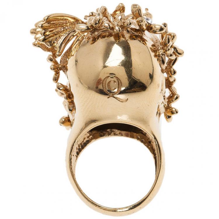 Pre Owned Alexander McQueen Gold-Tone Butterfly and Flower Skull Ring Size 51