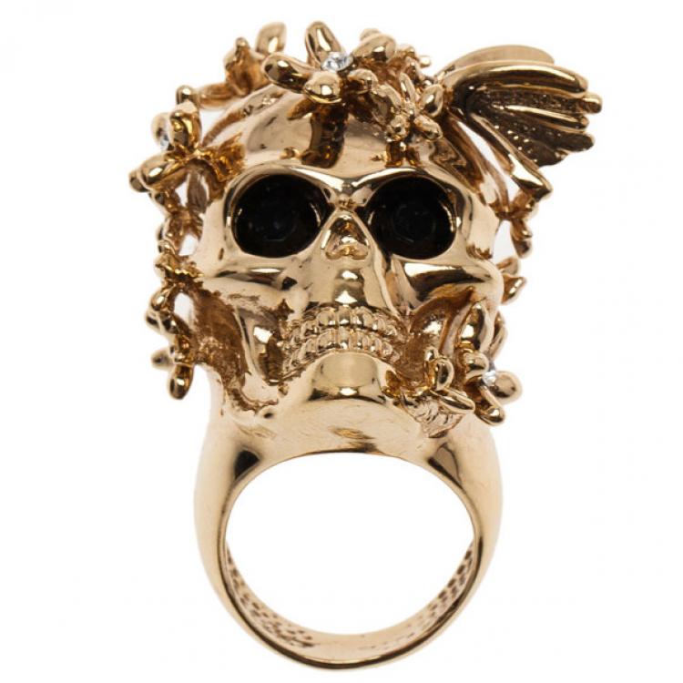 Pre Owned Alexander McQueen Gold-Tone Butterfly and Flower Skull Ring Size 51