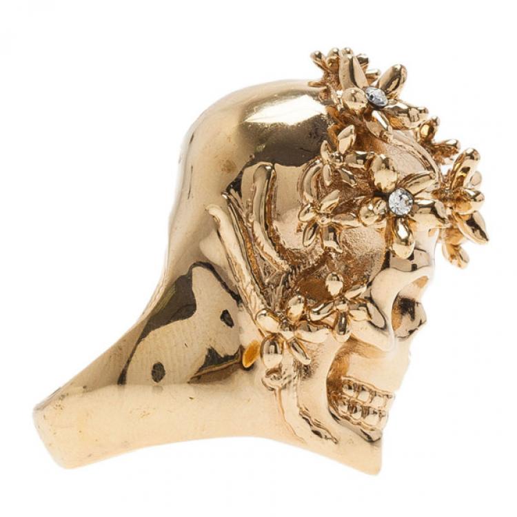 Pre Owned Alexander McQueen Gold-Tone Butterfly and Flower Skull Ring Size 51