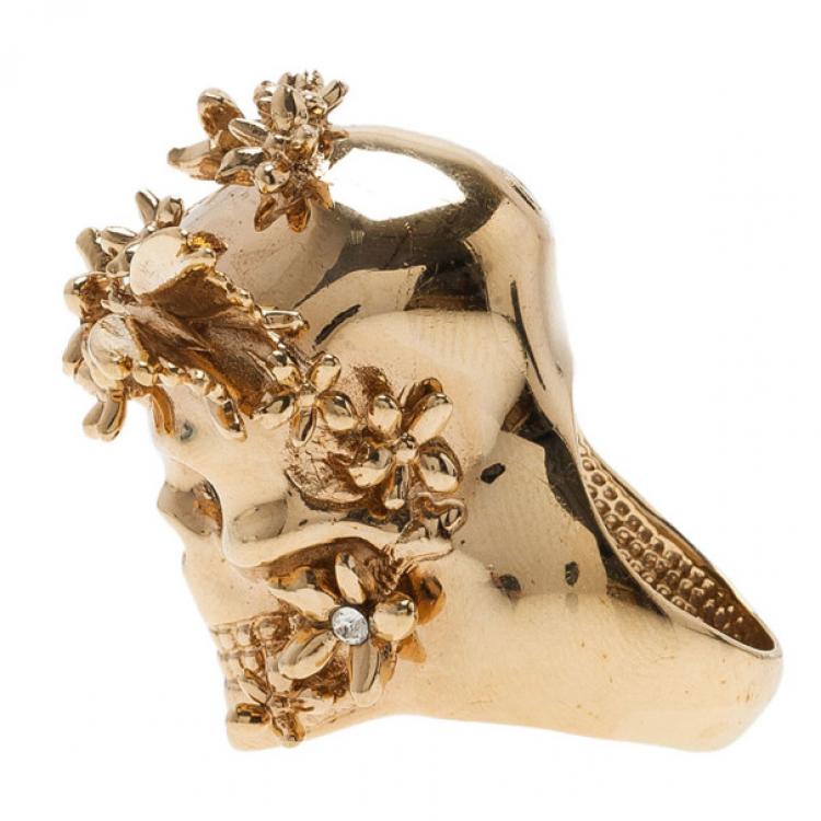 Pre Owned Alexander McQueen Gold-Tone Butterfly and Flower Skull Ring Size 51