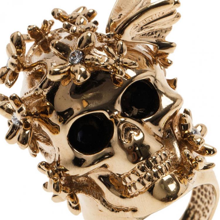 Pre Owned Alexander McQueen Gold-Tone Butterfly and Flower Skull Ring Size 51