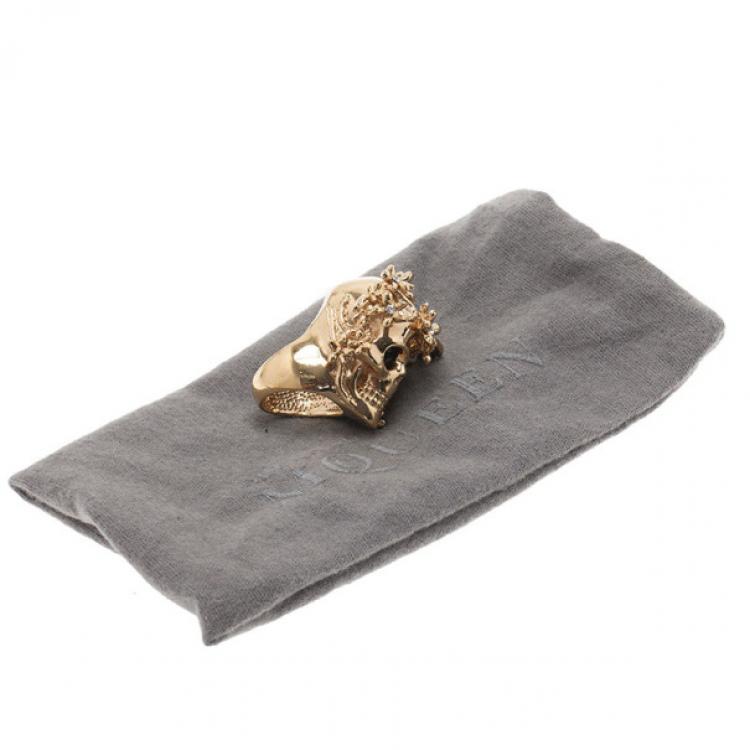 Pre Owned Alexander McQueen Gold-Tone Butterfly and Flower Skull Ring Size 51