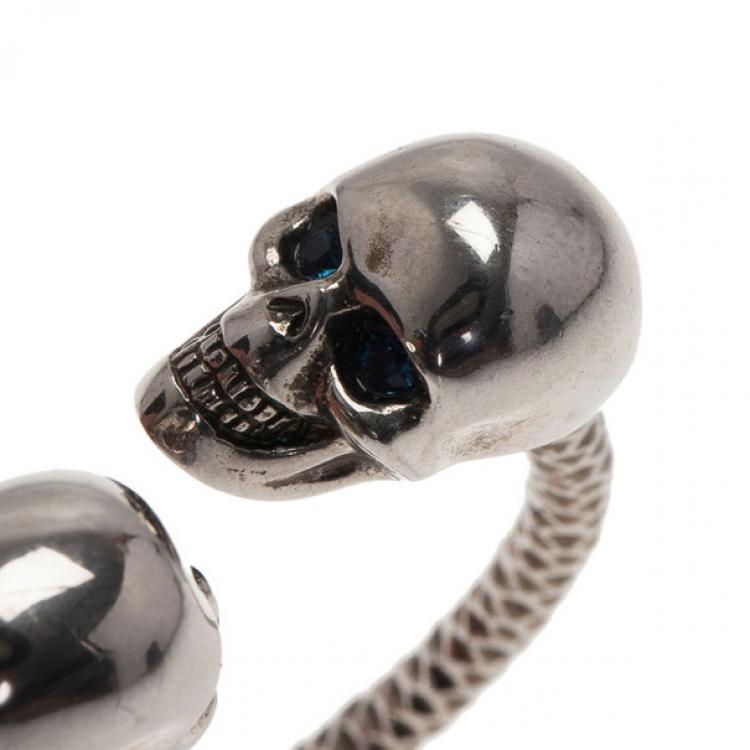 Pre Owned Alexander McQueen SilverTone Blue Crystal Twin Skull Bangle 19CM