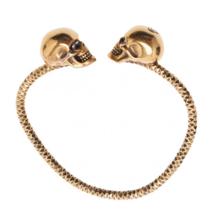 Pre Owned Alexander McQueen Gold Tone Crystal Twin Skull Bangle