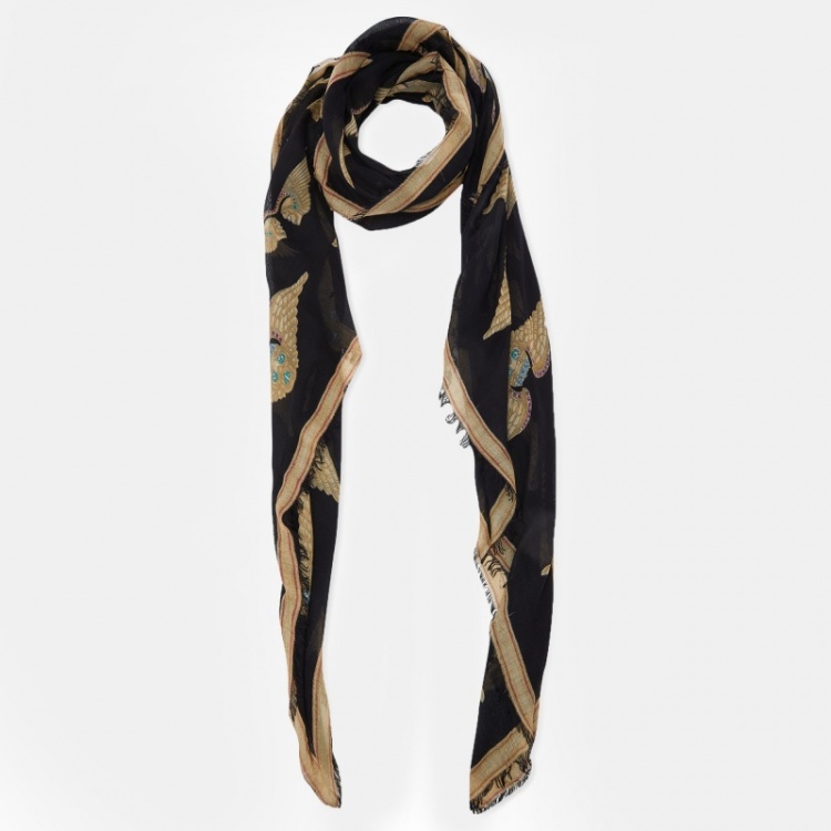 Pre Owned Alexander McQueen Black Winged Skull Print Modal & Cashmere Scarf