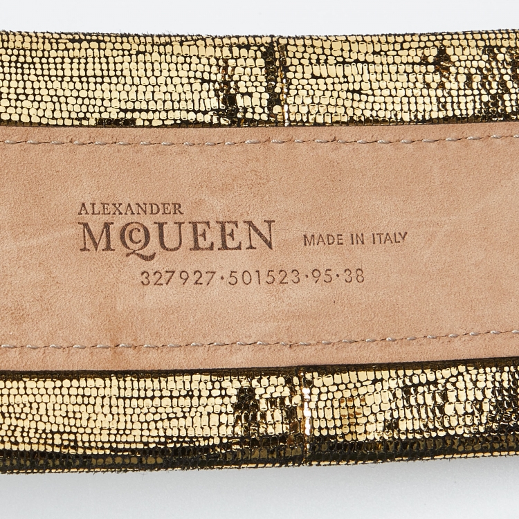 Pre Owned Alexander McQueen Gold Textured Leather Buckle Wide Belt 95CM