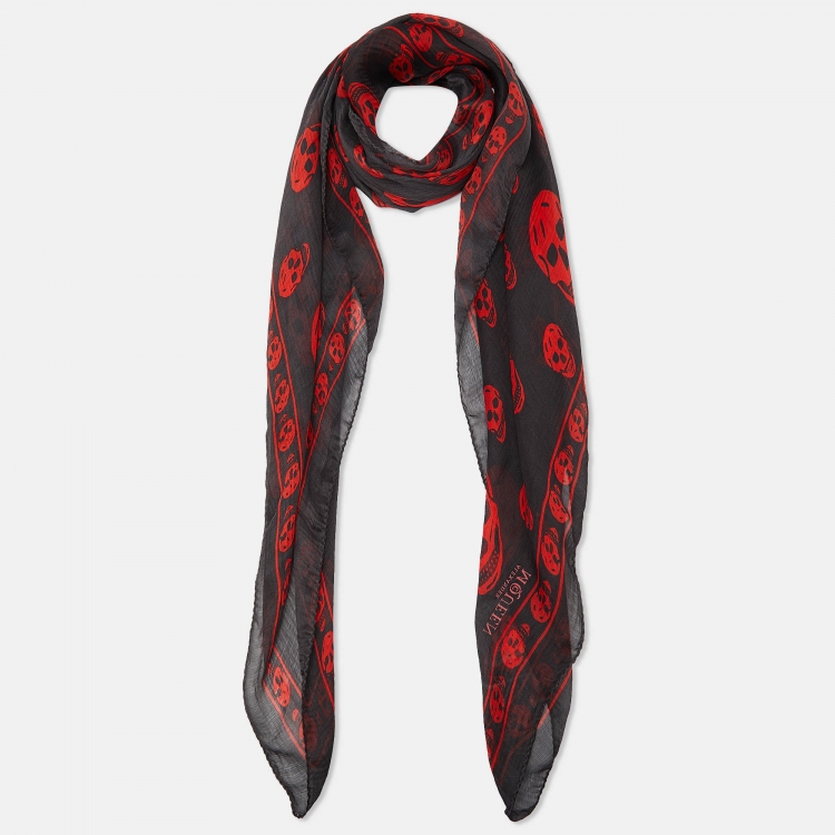 Pre Owned Alexander McQueen Black Skull Print Silk Chiffon Scarf