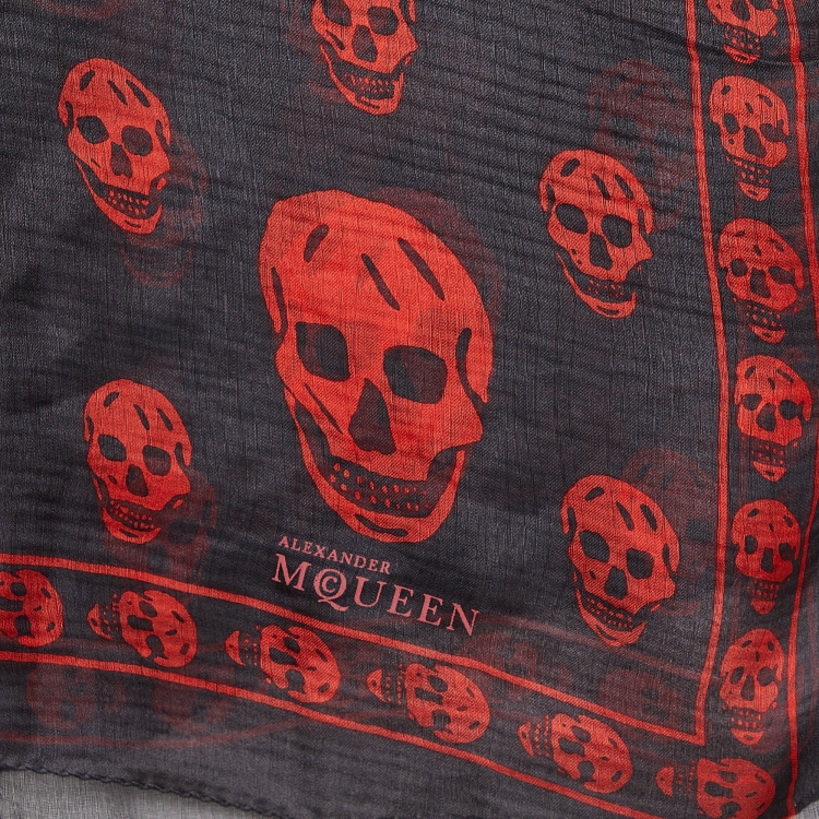 Pre Owned Alexander McQueen Black Skull Print Silk Chiffon Scarf
