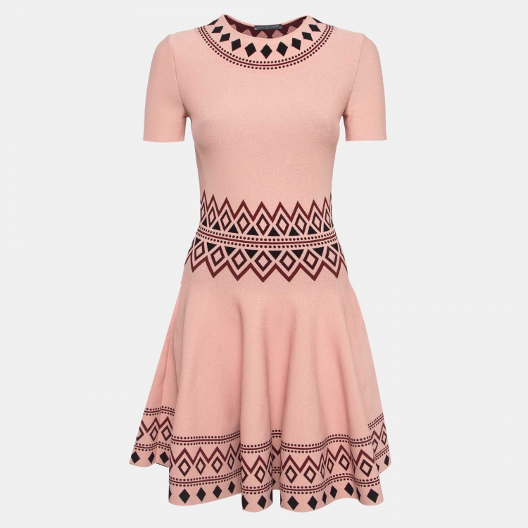 Pre Owned Alexander McQueen Pink Pattern Knit Flounce Geo Midi Dress S