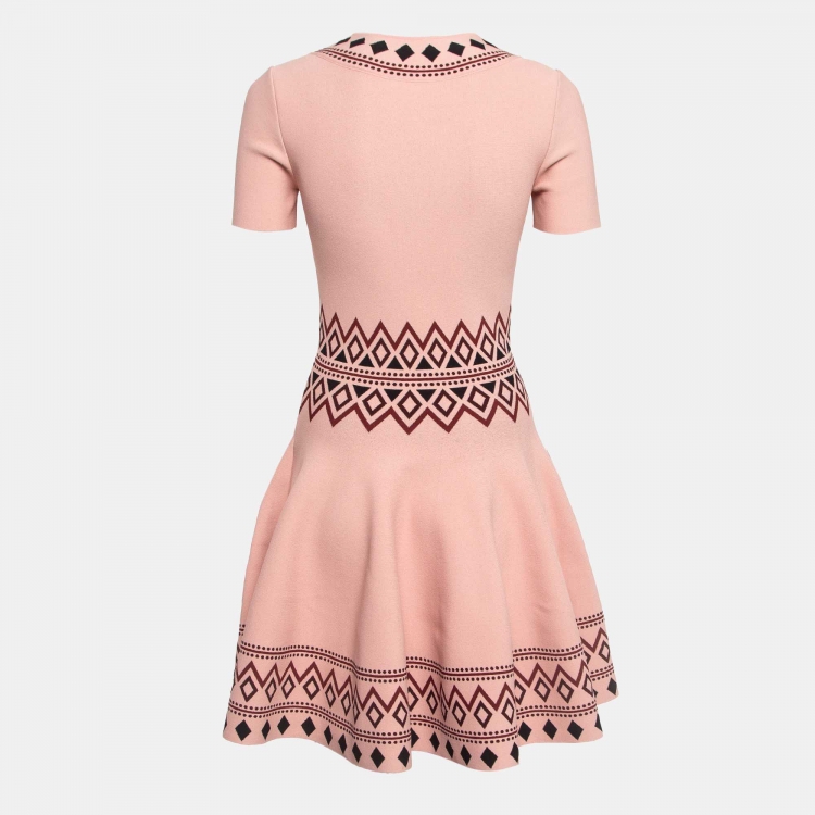 Pre Owned Alexander McQueen Pink Pattern Knit Flounce Geo Midi Dress S