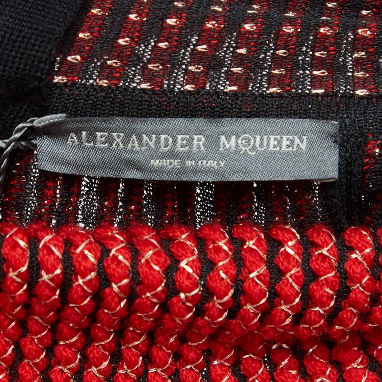 Pre Owned Alexander McQueen Black/Red Stripe Knit Plisse Midi Dress M